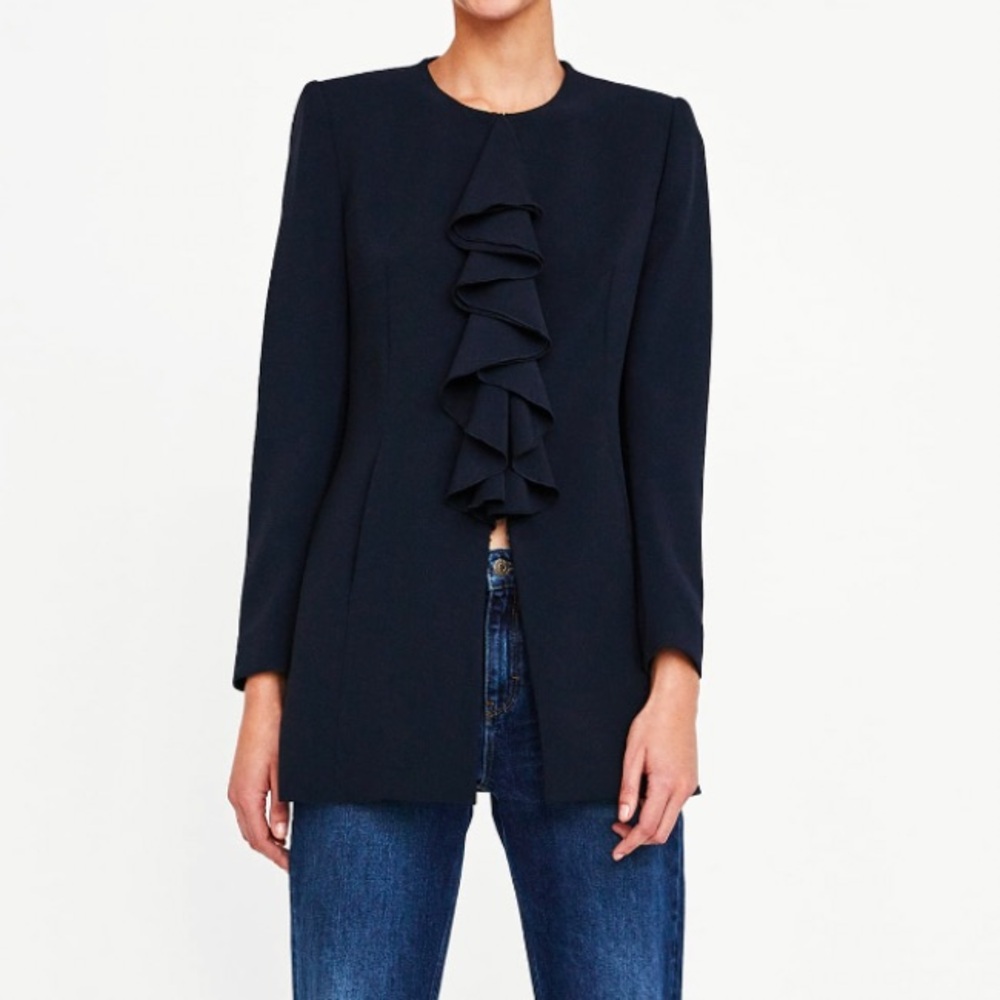 NEW ZARA FROCK‎ COAT WITH RUFFLED FRONT NAVY XS Ruffle
